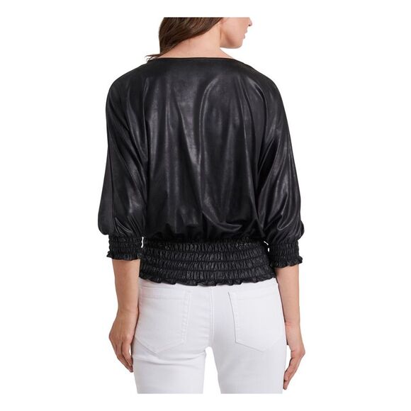 VINCE CAMUTO Womens Black Textured Lined 3/4 Sleeve Scoop Neck Blouse XXS - Picture 2 of 5